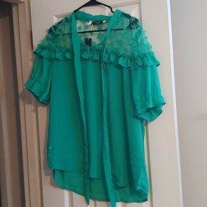 Asoph Plus Size Lace Contrast Ruffle Blouse Top